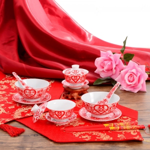 WB1017  “Red Mandarin Duck" Premium Wedding Bowl Set  剪纸传统衣食碗