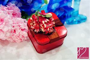 PSBS3001-1 Red Hydrangea Square Tin Box with Ribbon - As Low As RM3.00 / Pc