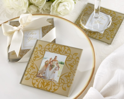  WCOA2059 "Golden Brocade" Elegant Glass Photo Coasters （2Pcs )